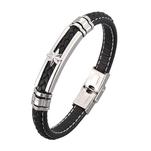 New Trendy Leather Bracelet Men Stainless Steel Handmade Bangles Male Wristband Charm Hand Jewelry Boyfriend Husband Gift Sp1037