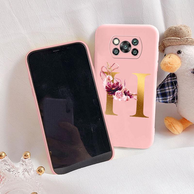 Letter Case For Poco X3 NFC PocoX3 Pro Back Cover Retro Flowers Pink Black Soft TPU Initial Fundas For Xiaomi Poco X 3 Pro Coque