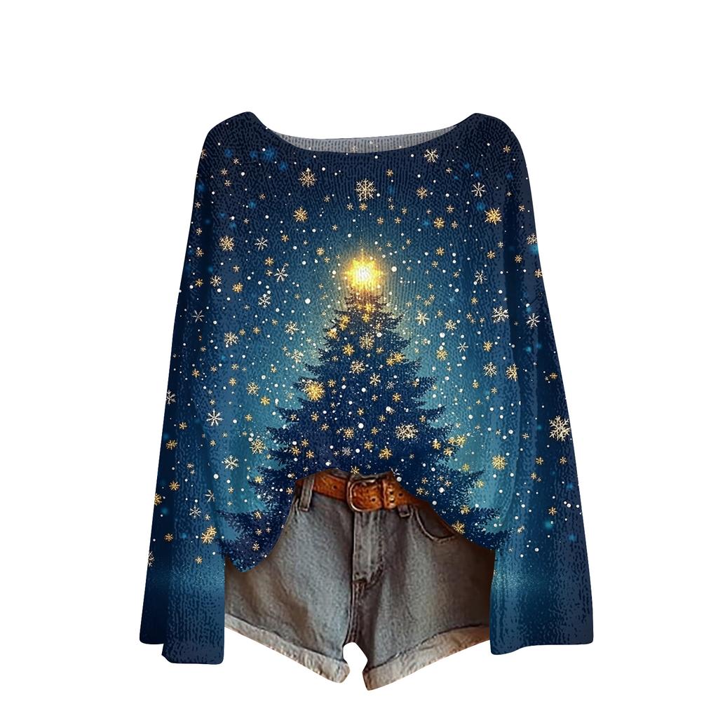 Ladies' Fashionable Casual Long Sleeved Christmas Printed Round Neck Knitted Yarn