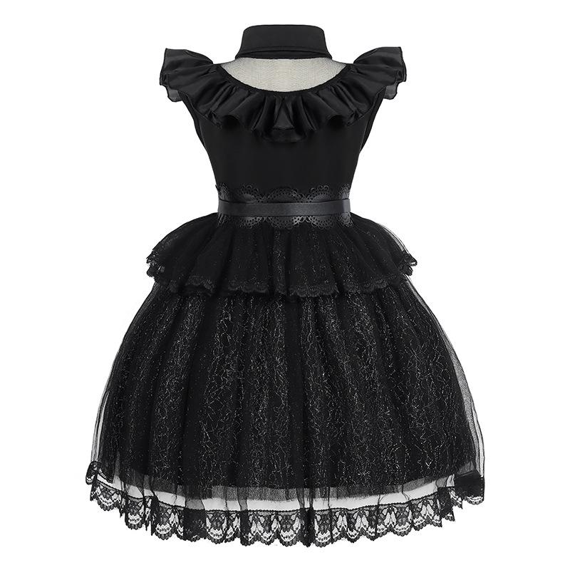 Addams Family Girls' Wednesday Cosplay Black Mesh Jumpsuit Costume for Halloween or Prom