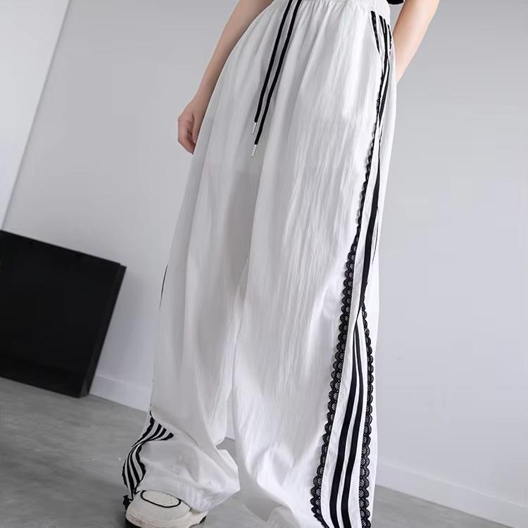 Korean Lace Patchwork Women's Trousers, Side Stripe Webbing Wide-Leg Pants, Casual Baggy Sweatpants, Women's Pants Trend 2026