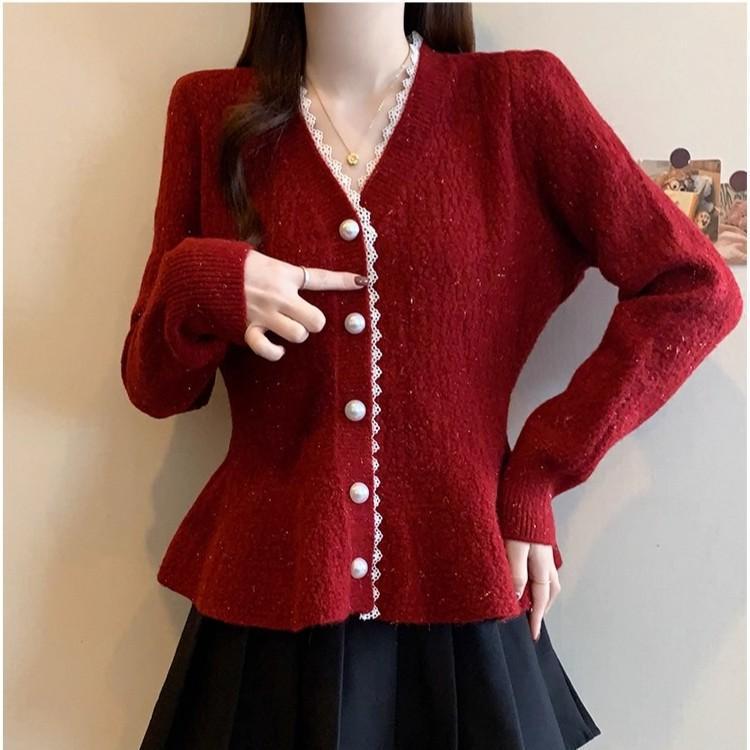 

Red V-Neck Knit Cardigan Sweater - Women s French Chic Plus Size Autumn Top 4XL (180-200 kg)