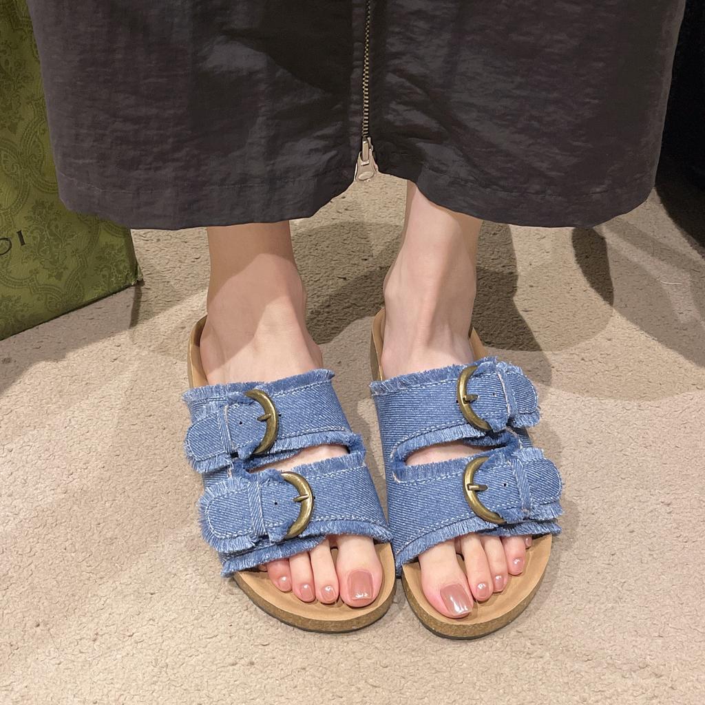 Foreign trade large size flat-bottomed cool slippers for women 2025 summer new European and American retro denim thick-bottomed cool slippers for wom
