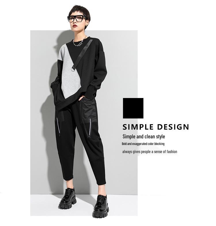 European-American Autumn Color Block Plus Size Women's Casual Long Sleeve T-shirt 