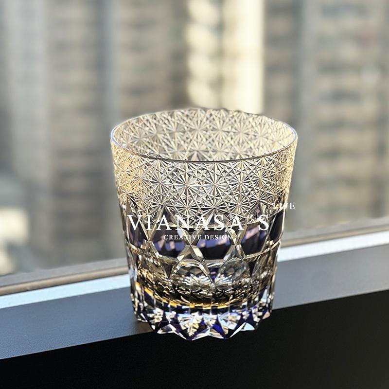 Chamvin S Amethyst Edo Kiriko Hand-Engraved Whiskey Glass Crystal Tumbler Barware