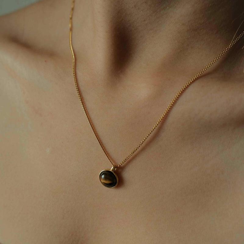 Vintage Natural Stone Tiger Eyes Oval Pendant Necklace for Women Stainless Steel Chain Necklaces Femme Jewelry Bijoux Gift