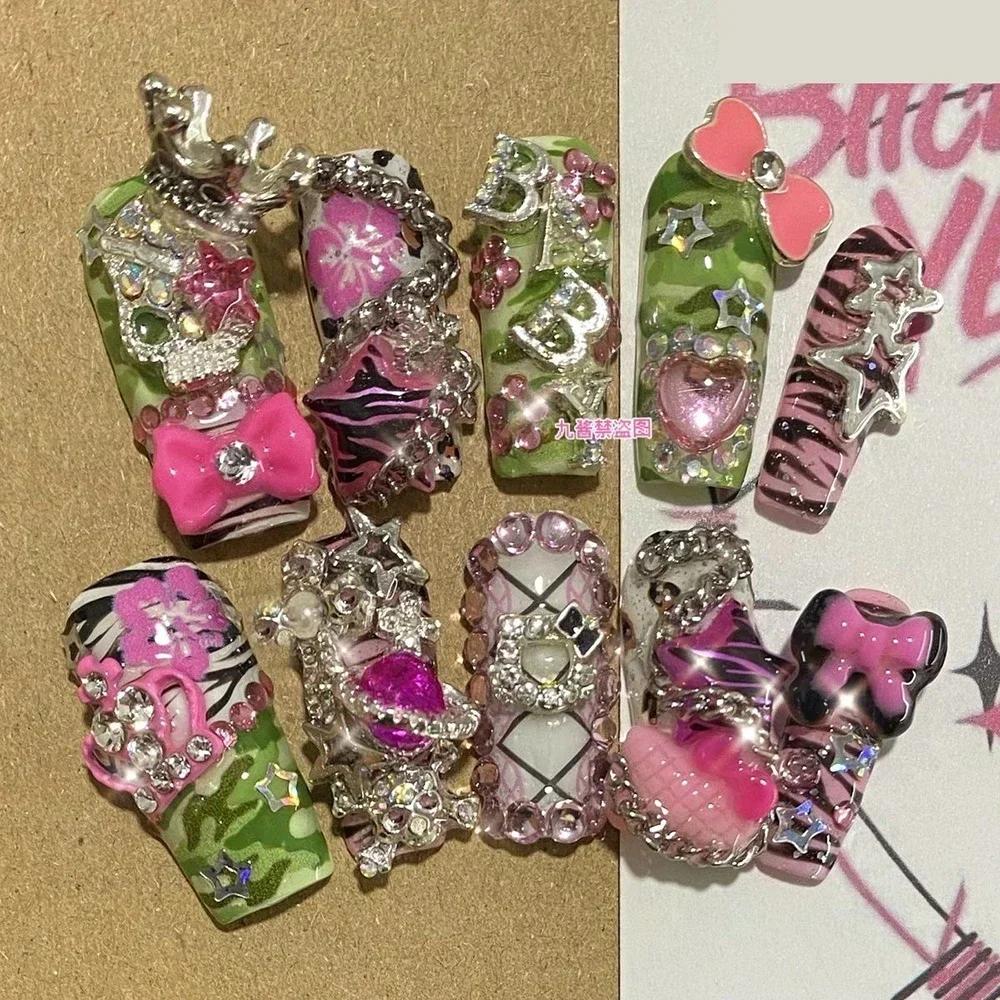 Kawaii Handmade Square Press On Nails Art Party Stickers Cute Flower Panda Bear Animal Custom Acrylic Fake Nails