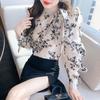 Fashion New 2024 Autumn Ruffles Long Sleeve Bow Collar Print Chiffon Blouse Shirt Women Tops Blouses Shirts J467