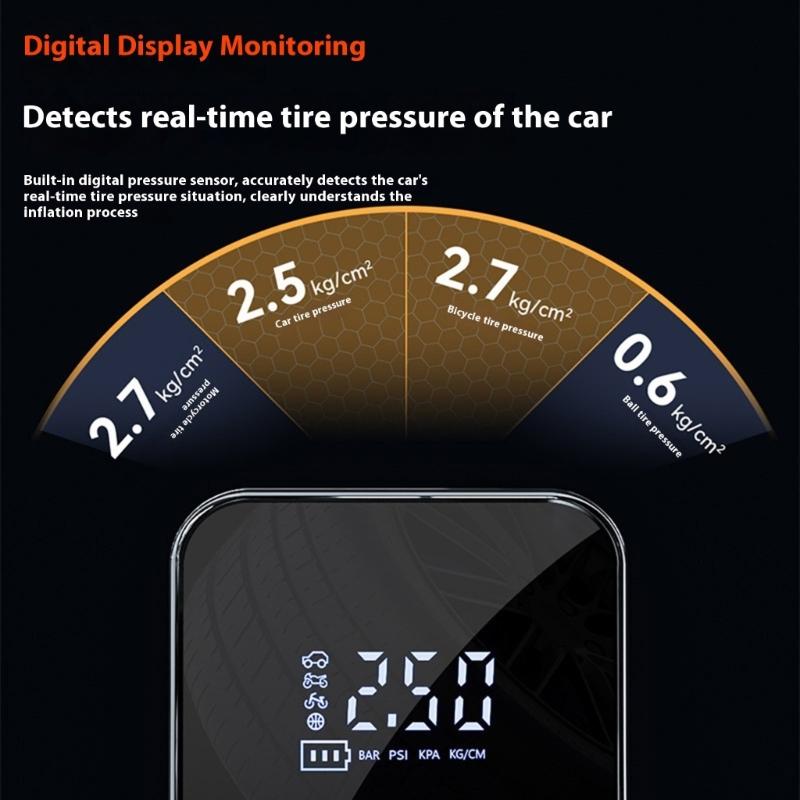 Rechargeable Air Compressor Vehicle Motorcycle Tire Inflator Pump Digital Display Pressure Gauge Detection with LED Lamp