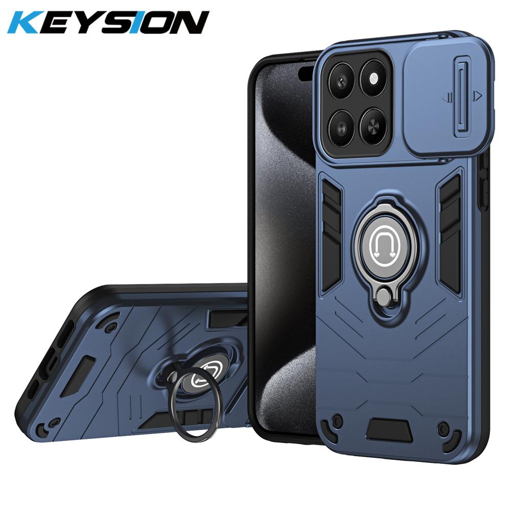 KEYSION Shockproof Armor Case for Huawei Honor 400 Smart 5G Camera Lens Protection Ring Stand Phone Back Cover for Honor X7d 5G