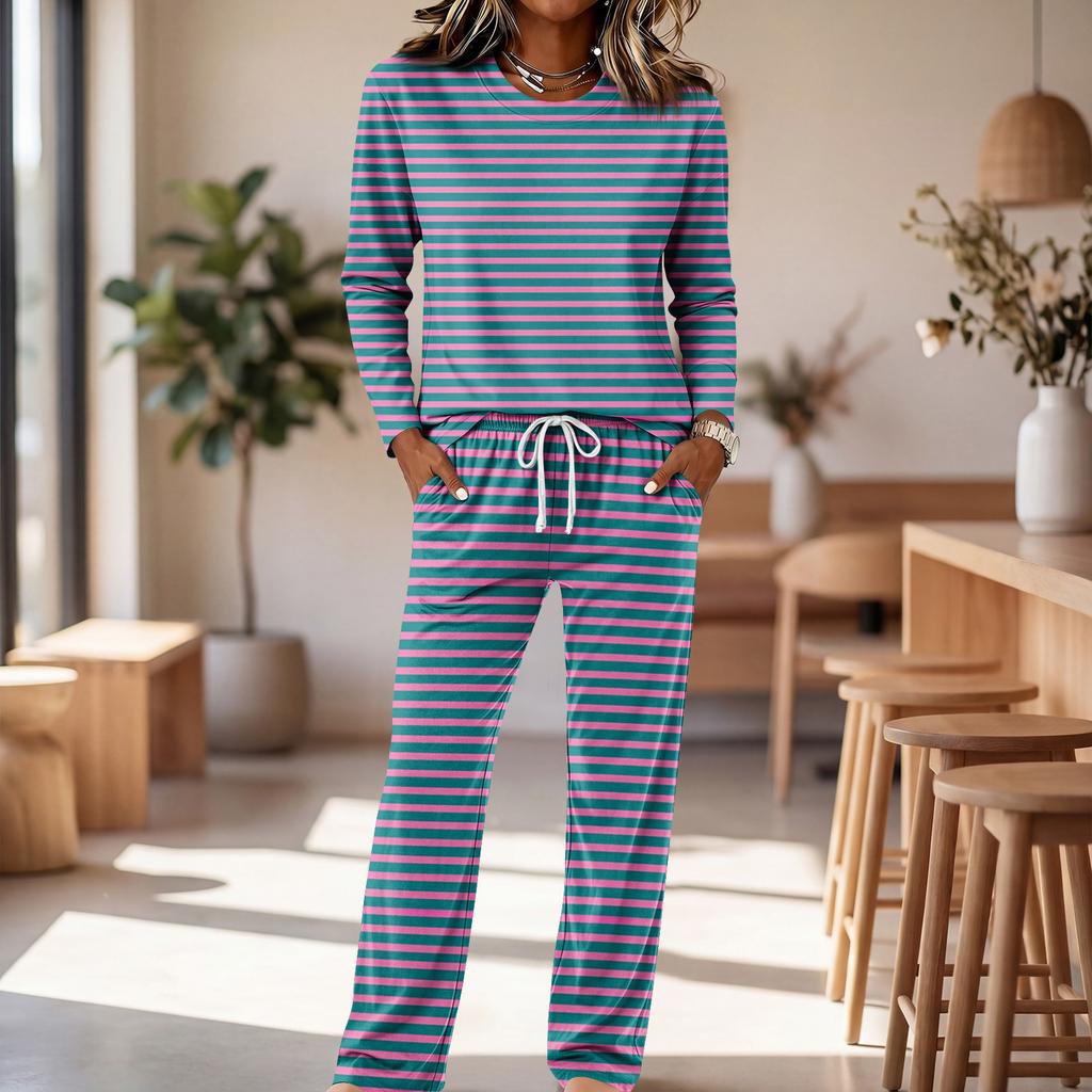 Women's Round Neck Long Sleeve Pajama Set with Drawstring Wide Leg Pants for Sleepwear Loungewear