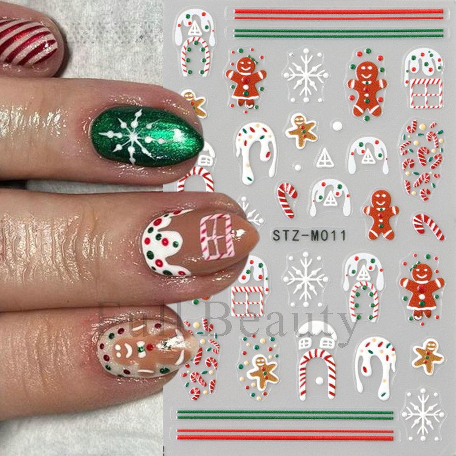 Nail Art Stickers, Christmas Cartoon Gingerbread Man Snowflake Lines Micro-Engraved Adhesive-Backed Nail Art Stickers