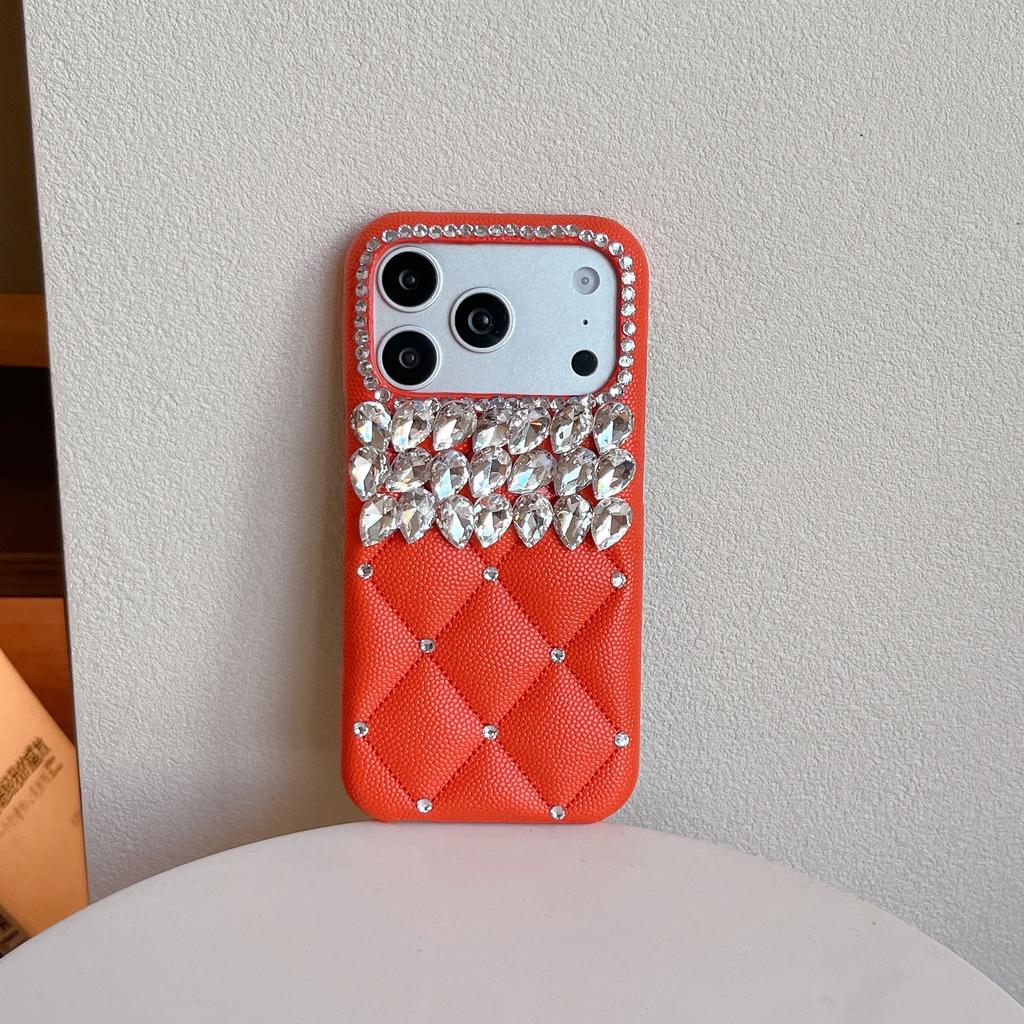 Fashion 3D Grid Glitter Diamond PU Leather Hard PC Phone Case for iPhone Air 16 15 14 13 17 Pro Max Bling Rhinestone Girly Cover