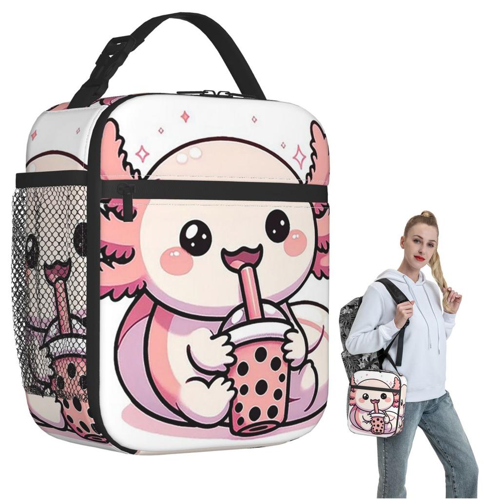Cute Axolotl Milk Tea Print Insulated Lunch Bag for Women Kids Portable Food Boxes Thermal Lunch Box Tote