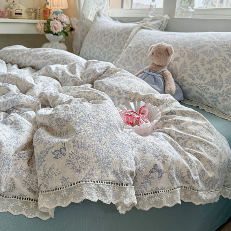 Ins Korean Style Blue Bow Double Layer Gauze Four-Piece Set Simple Lace Edge Duvet Cover Bed Sheet Dormitory 3-Piece Set