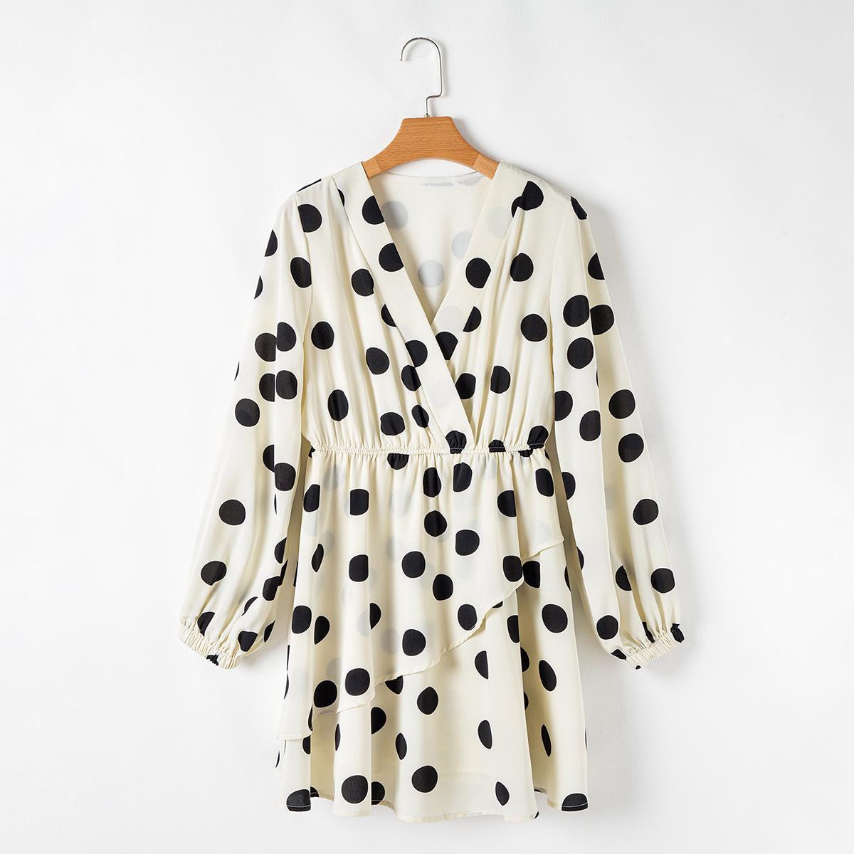 

Платье в горошек с V-образным вырезом и рукавами-буфами – Длинный рукав, Короткая юбка, Европейская и американская повседневная мода S абрикосовый