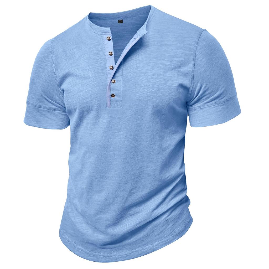 Men’s T-shirts Henley Collar Short Sleeves Cotton Polo Shirts Solid Color Casual Tops