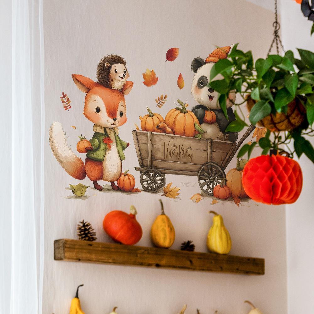 Cartoon Home Decoration Wall Stickers Featuring Little Cats, Foxes and Hedgehogs Transporting Pumpkins