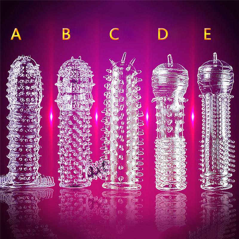Giocattolo sexy per adulti con punte in silicone di cristallo punteggiato a costine trasparente riutilizzabile per preservativo per massaggio del pene