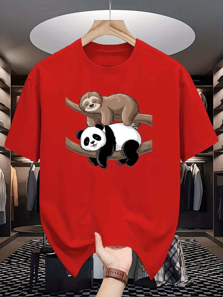 Unisex Crew Neck Tee Lazy Sloth Panda Cute Cartoon Graphic Print Soft Cotton Loose Short Sleeve Summer Casual Male Streetwear Tops