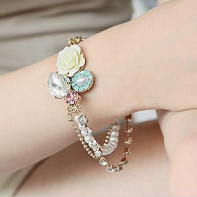 Women Fashion Rhinestone Faux Pearl Rose Charm Colorful Bracelet Bangle Gift