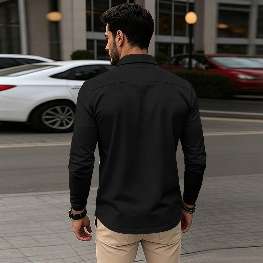 Herren Langarm Poloshirt Klassische Passform Weicher Stoff Knopfleiste Kragen Brusttasche Lässiges Oberteil