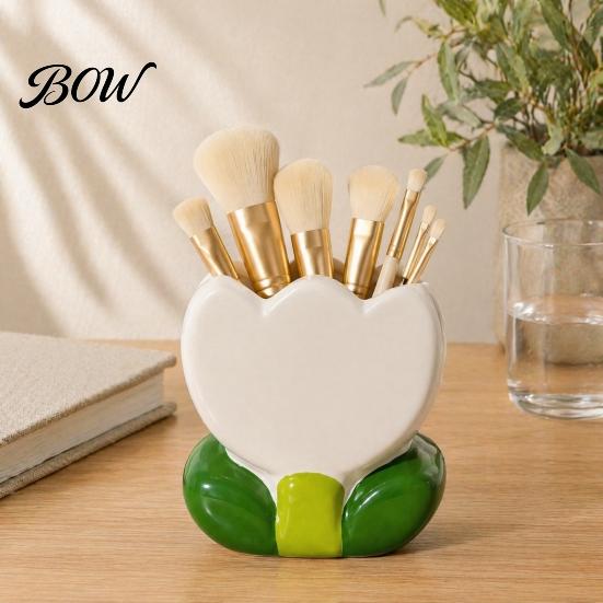 Office Desk Accessories for Women Tulip Makeup Brush Holder, Resin Cosmetic Organizer Vanity Desk, Cute Flower Pen Floral Stationery Cup