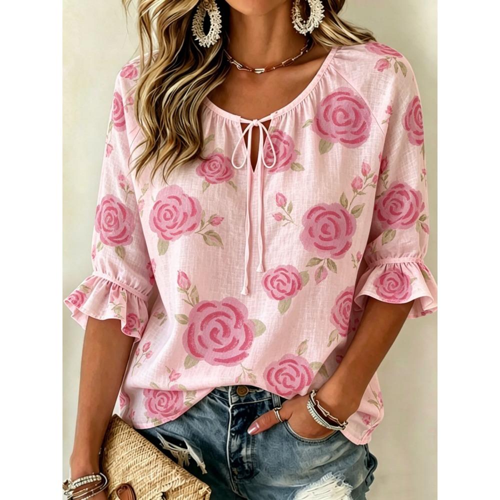Retro Fashion Half Sleeve Loose Blouse, Textured 3D Print Decoration, Figure-Friendly Comfortable Summer New Style