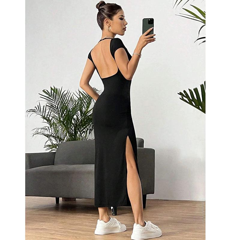

Женское сексуальное платье с открытой спиной, клубное вечернее летнее элегантное длинное платье с разрезом и разрезом S чёрный