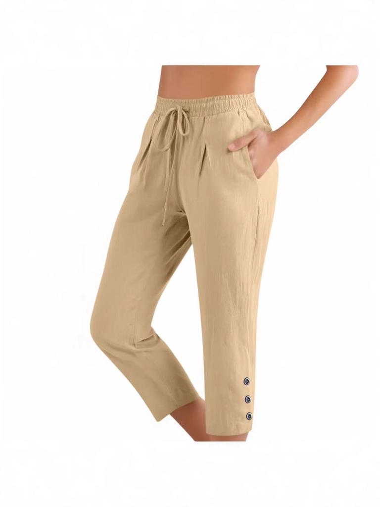 2025 Cotton Linen Loose Fit Button Cropped Pants