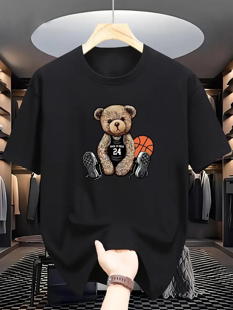 Men women's Casual Crew Neck T-Shirt with Basketball & Bear Print Slight Stretch Summer Fashion Top Regular Fit