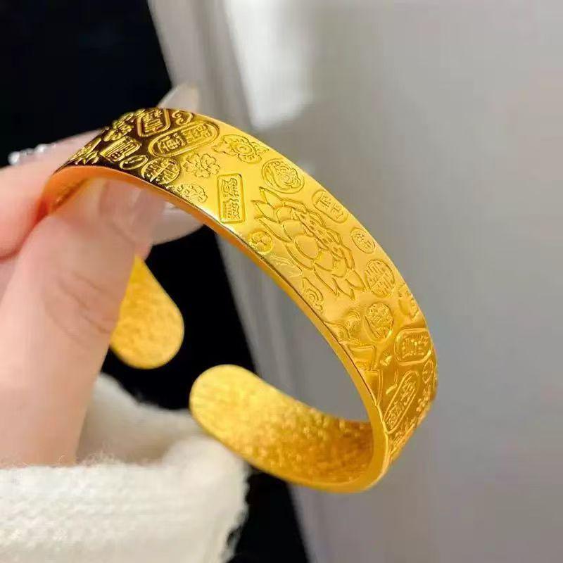 Vietnam Sa Gold-Plated Lotus Wide-Face Bangle with Auspicious Fu Character and Eight Treasures Design.