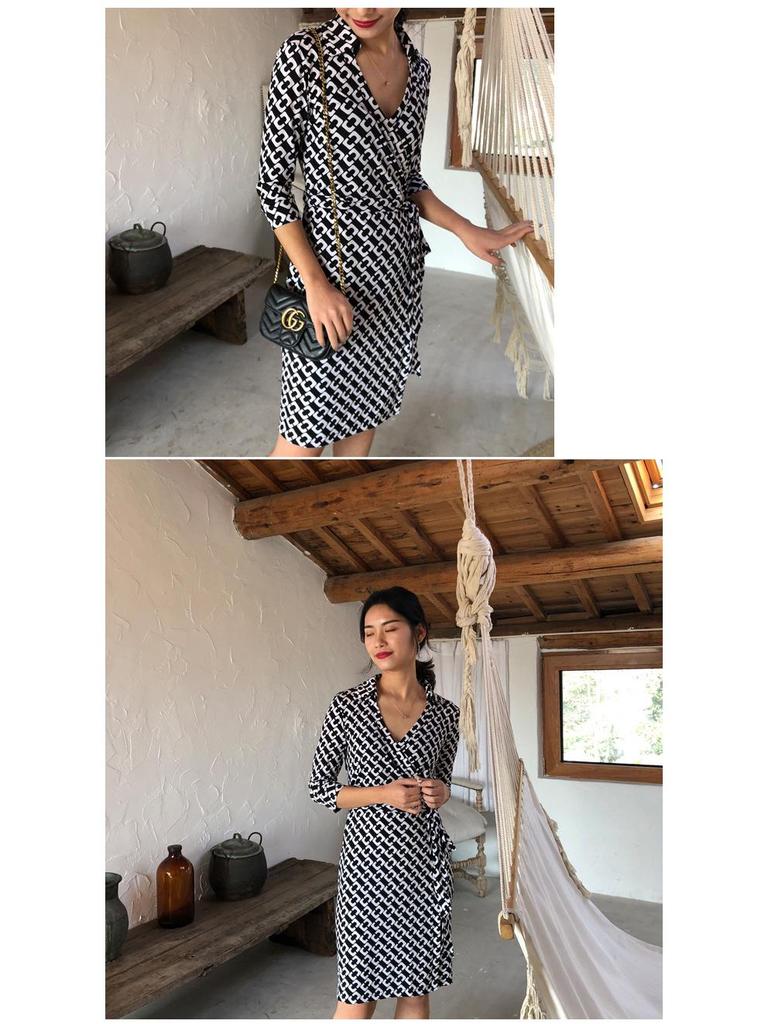 Women's Stand Collar High Waist Wrap Dress - Black & White, 3/4 Sleeve for Summer/Autumn