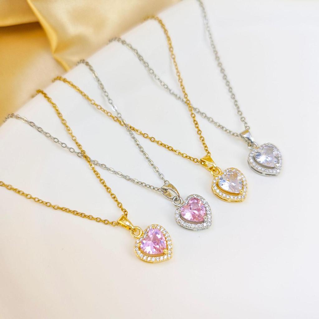 French Peach Heart Zircon Necklace: Multicolor Diamonds on Stainless Steel with Retro INS Style Titanium Design.
