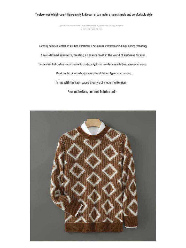 Men's Thick Wool Color Block Sweater - Casual Round Neck Knit Pullover for Autumn & Winter