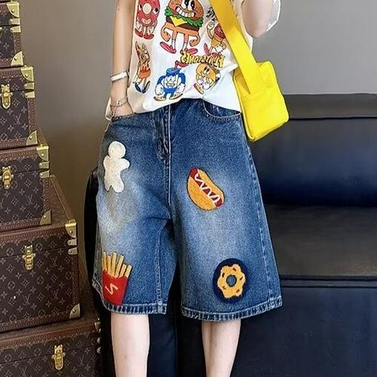 

Модные джинсовые шорты в американском стиле с заплатками 2024 – Универсальные, повседневные, средней длины, корейский уличный стиль M темно-синий