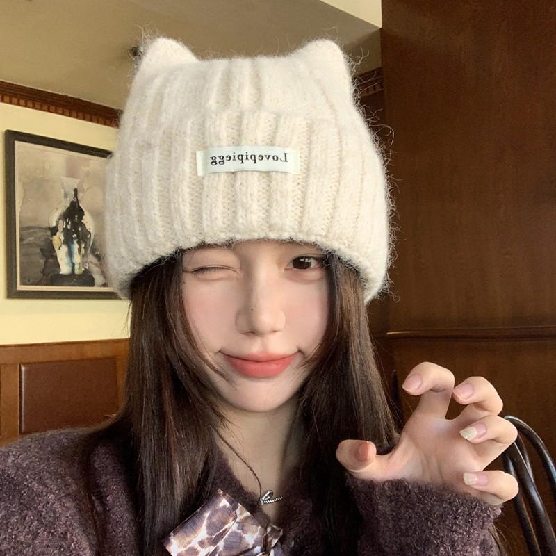 1Pc Cat Ear Knitted Beanies, Cute Winter Warm Wool Hats For Women, Korean Style Fashion Headwear