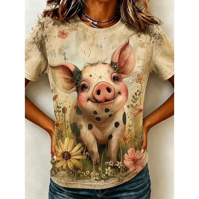 Lustiges Blumenkranz Kuh T-Shirt für Damen Kleidung 3D Lustiges Tier Sommer T-Shirts, Western Cottagecore Damen Oberteile Geschenk