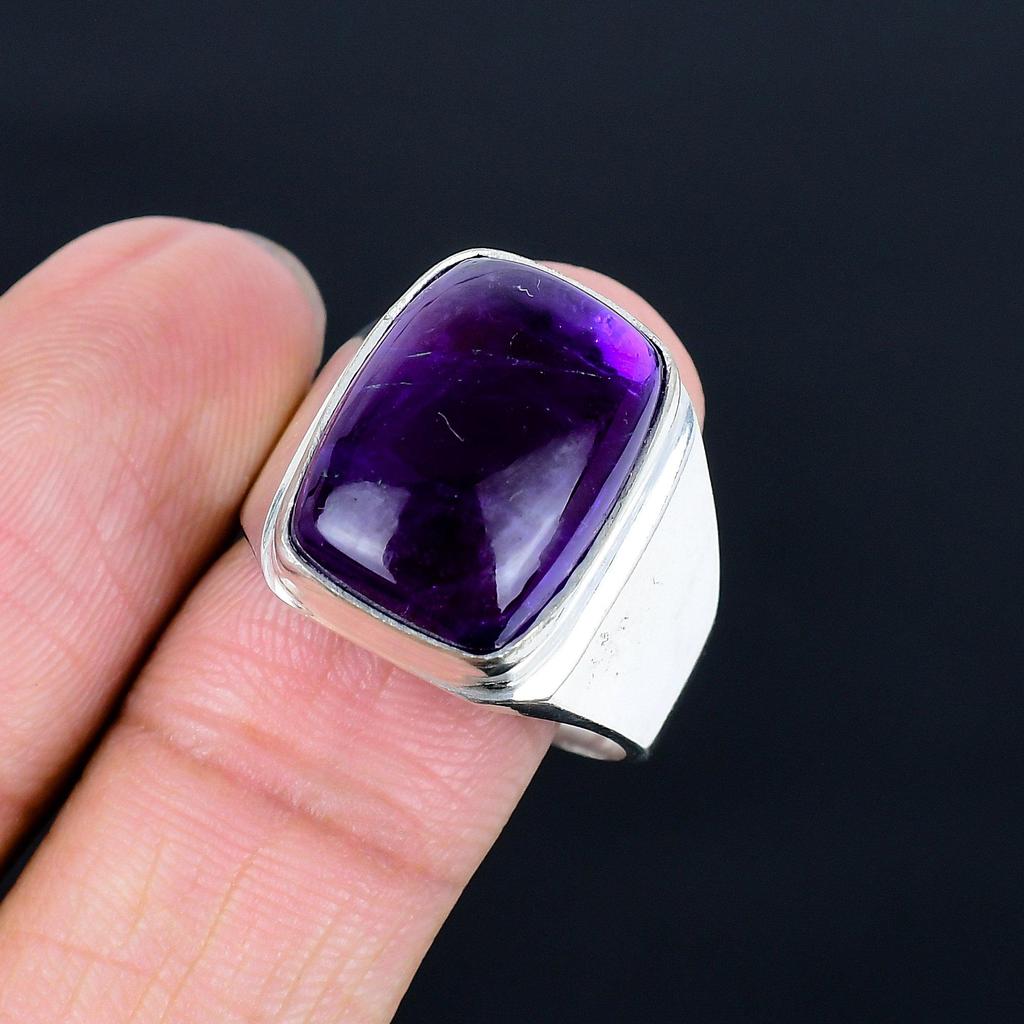 Amethyst Gemstone Silver Men's Ring | 925 Sterling Sliver | Cushion Shape Gemstone | Silver Jewelry | Silver Ring Gift for Him, Men's Ring