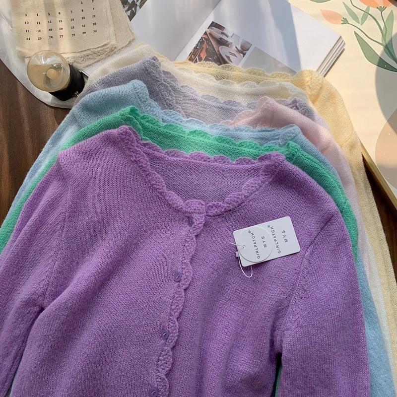 Women's Long Sleeve Cardigan Crew Neck Casual Knit Sweater Solid Color Soft Texture Knitwear Outerwear