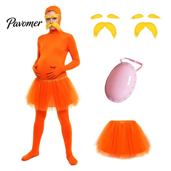 Halloween Party Jumpsuits Orange Full Bodysuit, with Tulle Skirt, Fake Belly, Yellow Mustache & Eyebrows, Cosplay Outfit Open Face Zentai Suit,