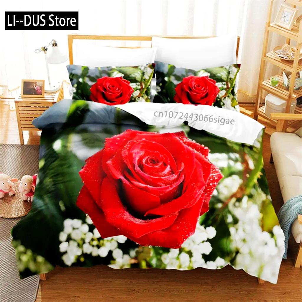 Red Flower Duvet Covers Set Full Size Rose Quilt Cover 240x220cm 260x240cm Bedding Sets 3pcs 2pcs King Queen Single Double Bed