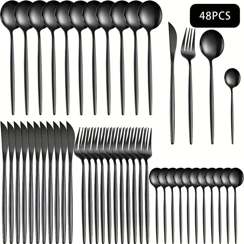 

24/48pcs Stainless Steel Cutlery Set Dishwasher Safe Home Kitchen, Parties Holidays Includes Forks, Knives, Spoons