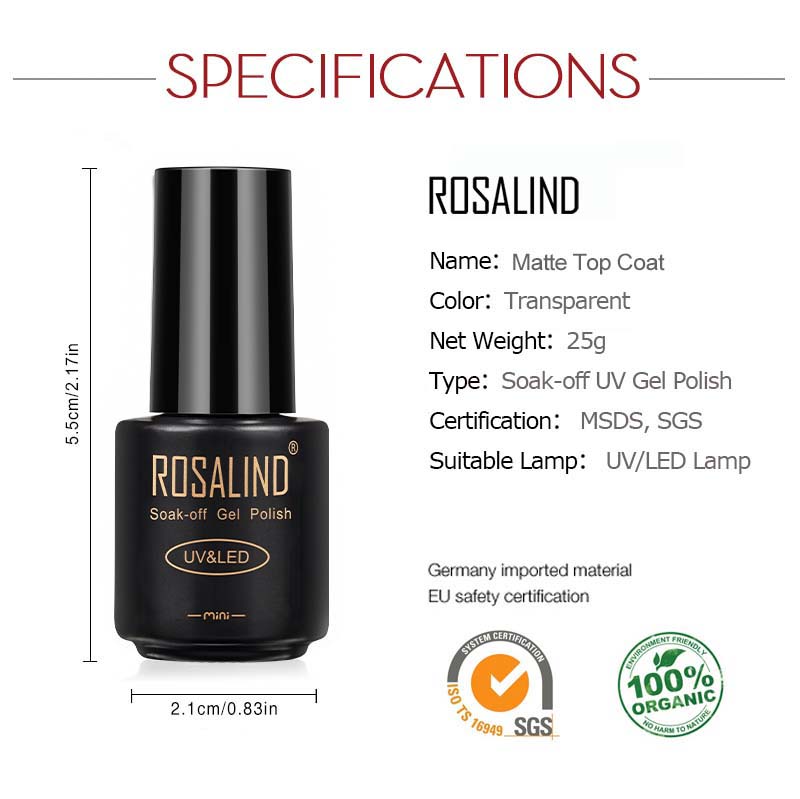 ROSALIND Mini-Gel-Nagellack, matter Überlack für Nailart-Design, Soak-Off-Lack-Gel