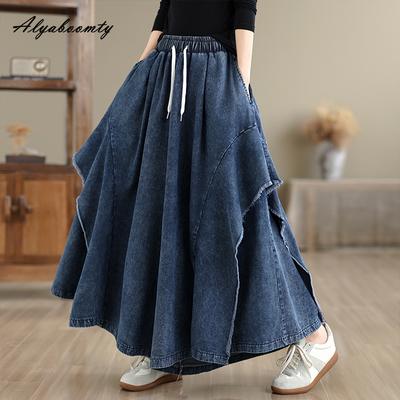 Übergröße Frühling Sommer Damen Weite Beine Jeans Hohe Taille Kordelzug Oversized Baggy Denim Culottes Hose Patchwork Stilvolle Damenhosen