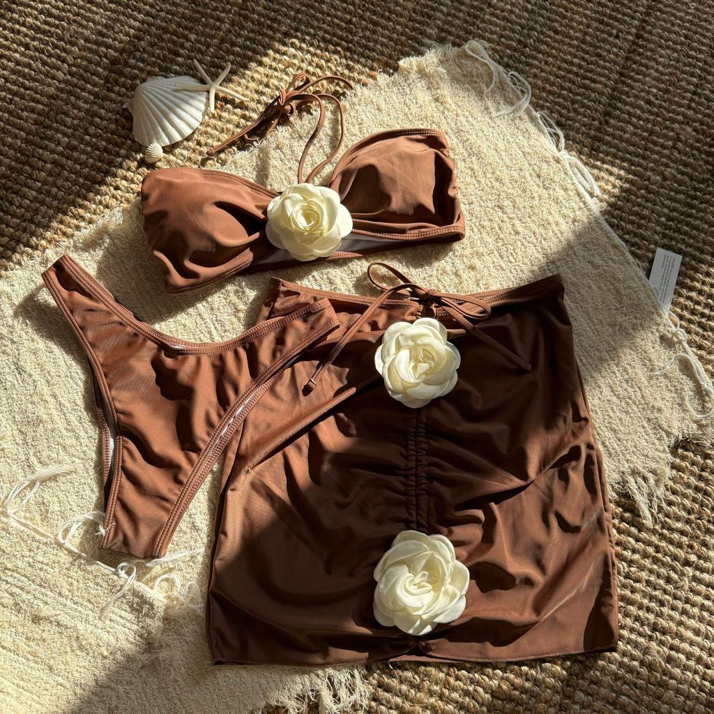 2025 Sexy Rose Sling Solid Color Three-Piece Bikini Set - European & American Style