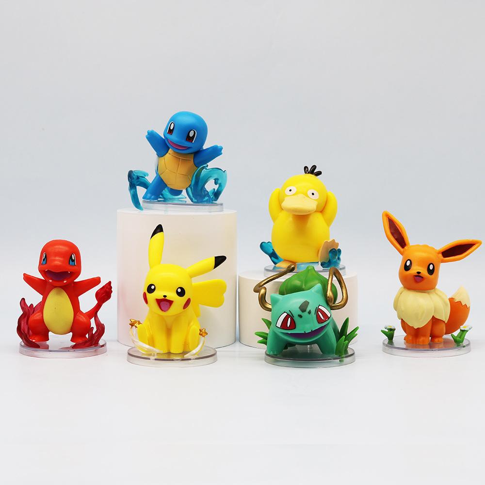 

6Pcs Anime Pokemon Scene Elf Cute Pikachu Eevee Psyduck Charmander Squirtle Bulbasaur Model Car Decoration Figure Doll Toys Gift No box