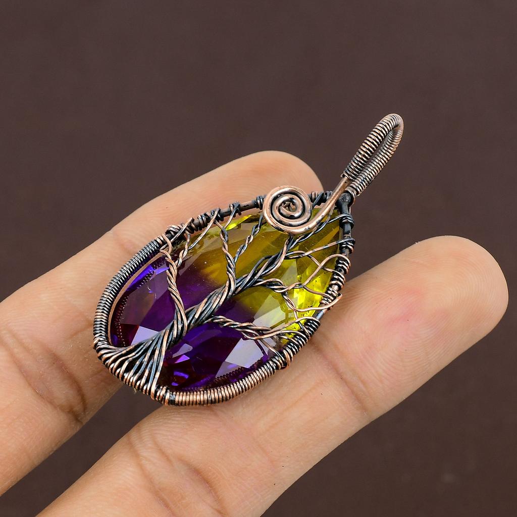 Turmalină Bicoloră Lucrată Manual cu Înfășurare din Sârmă de Cupru Bijuterie Pandantiv 2,2" D9C17