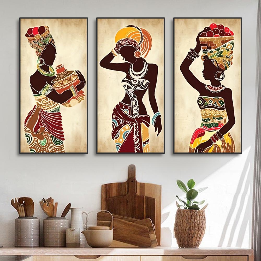 3pcs Ethnic African Black Woman Canvas Painting Vintage Wall Art Figure Prints For Living Home Room Wall Decorative Pictures