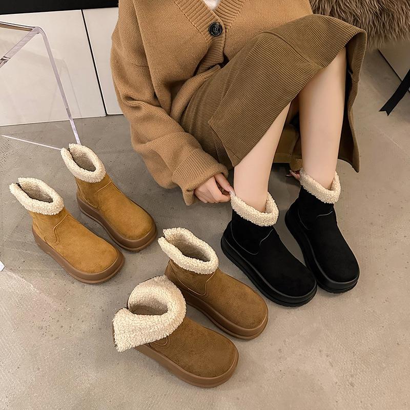 Thick-soled Snow Boots Women's Winter New Ugly Cute Bread Fluffy Short Boots Retro Velvet Warm Cotton Shoes